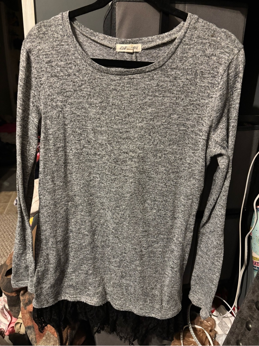 Rebellion Gray Heather Long Sleeve Top with Lace Trim